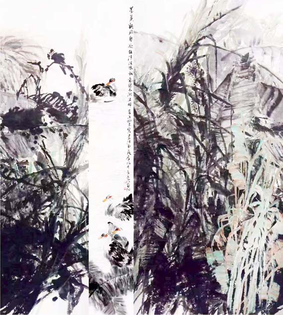 清波鸭戏。尺寸，197x200cm。